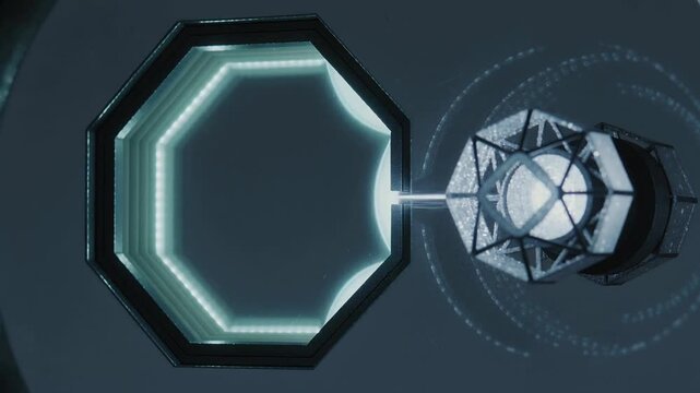 Power pulse starting dual metal light unit glowing overhead in lab, with octagon and lattice module