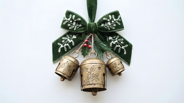 Three rustic brass christmas bells hanging from a green velvet ribbon with mistletoe embroidery