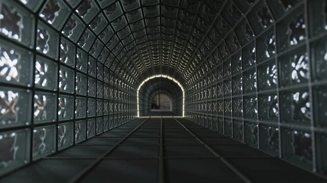Moving camera starting forward along tunnel center at empty warehouse, revealing lit arch and glass