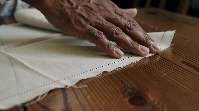 Starting right hand smoothing ecru fabric along dotted seam on wood table preparing for sewing cuff