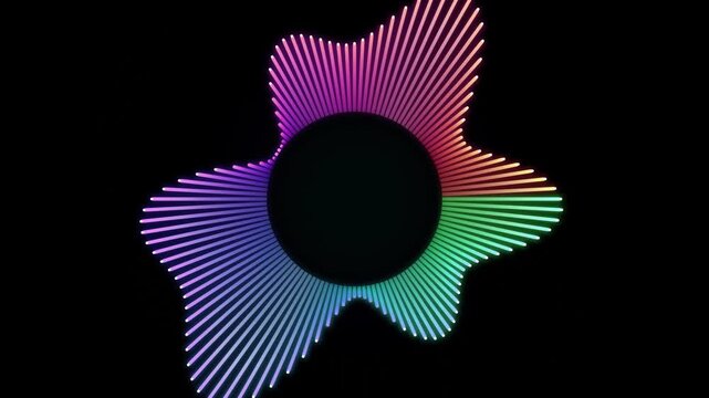 An abstract visualizer with pulsating neon lines in a rainbow spectrum, emanating from a central black circle, creates a mesmerizing audio waveform effect against a dark background.