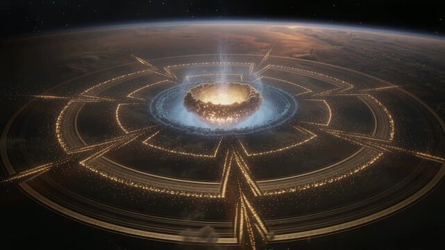 Intensifying central dome sending radial gold beams, connecting rings above planet, spewing plume