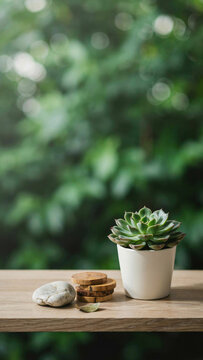 Small green succulent plant in a white ceramic pot on a wooden surface with blurred greenery background succulent greenery botanical decoration minimalist background backdrop outdoors
