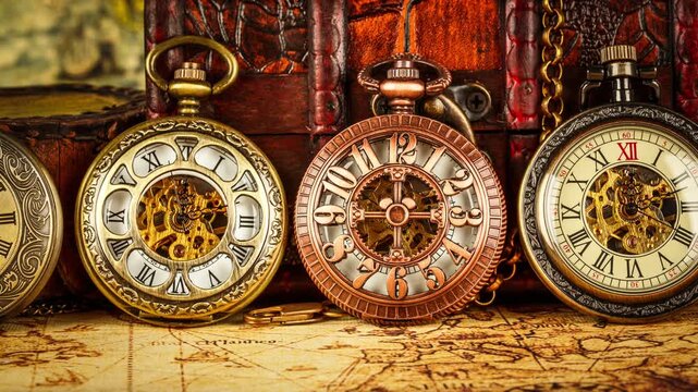 Vintage pocket watches panning across ancient map background with wooden chests.