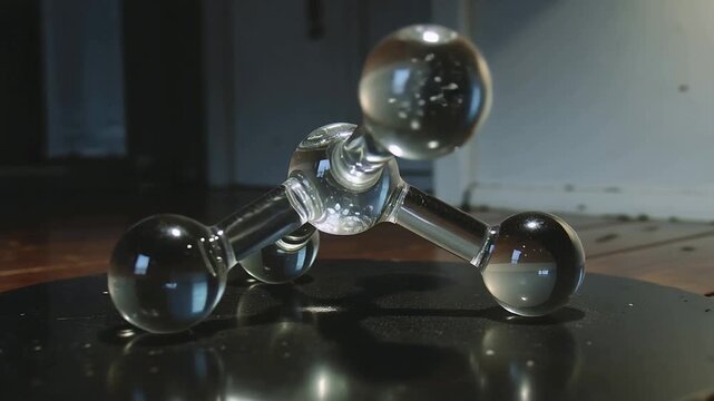 Spinning black platform rotating glass molecular sculpture on wooden floor, catching light