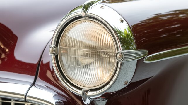 Close up of a round chrome headlight on a vintage classic car from the fifties era
