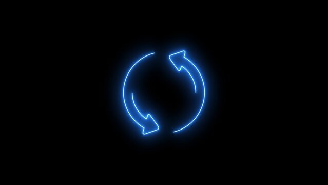 Glowing blue neon circular arrows symbol representing refresh or repeat function on a dark black background with subtle light effects and soft glow around the edges of the symbol