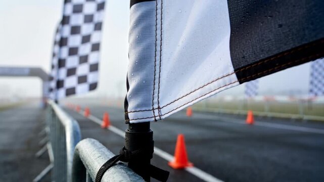 Fluttering checkered flag shifting on metal rail at track by light breeze, with zip-tie visible