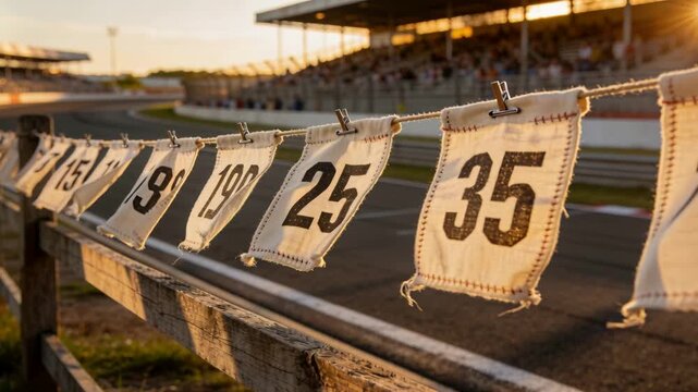 Swaying row of white number flags fluttering in breeze at motorsport track railing with metal clips