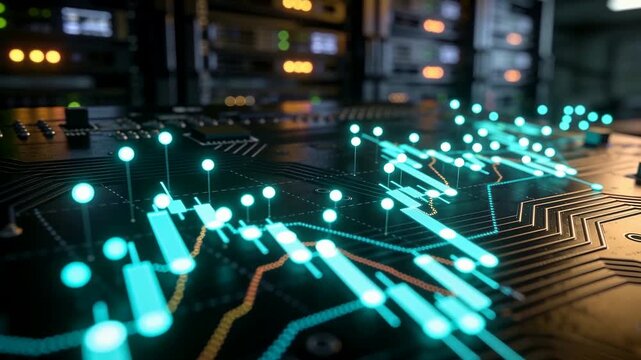 Pulsing cyan 3D dataviz overlay mapping rack data onto PCB traces, mounting holes, parts and LEDs