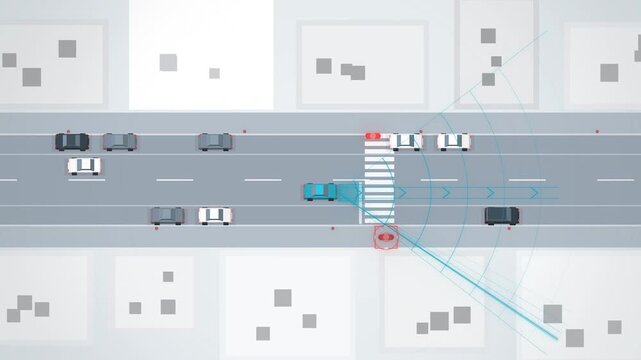 Top view of self-driving car radar scanning a crosswalk on white city