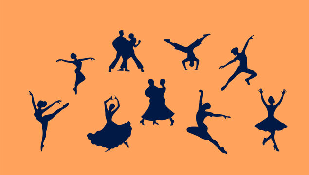 Elegant dancing silhouettes performing various styles on a vibrant solid orange background vector art.