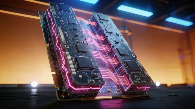 Pulsing stacked RAM trio on dark tabletop reacting to power, sending neon traces, showing data flow