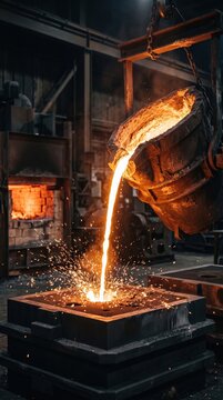 Molten metal pouring from a large glowing ladle into a mold with sparks flying in an industrial foundry