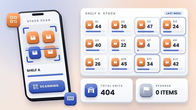 Warehouse stock management in a mobile app concept for inventory control and real time product level tracking in logistics animation