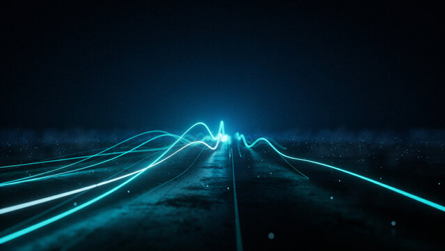 Abstract digital data stream light trails forming a glowing path in a dark environment with abstract technology futuristic communication information connection background transmission transfer