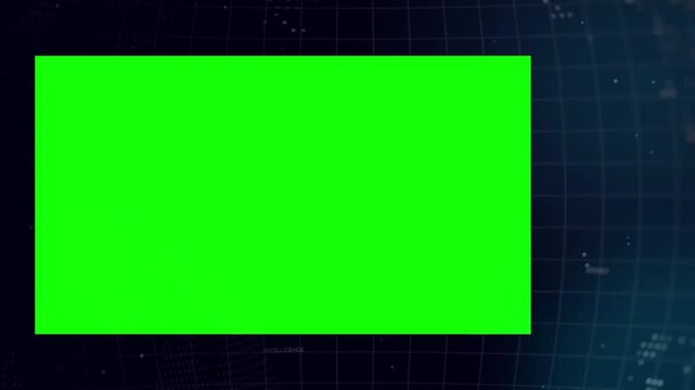 Glowing digital world map broadcast background with large green screen rectangle for custom video clips