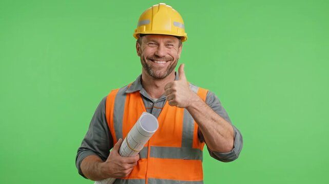 Green screen construction worker in a hard hat and safety vest holding blueprints and showing thumbs up. Smiling builder on a chroma key background approving a project. Construction and engineering