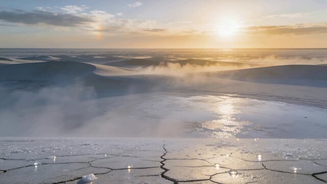 Sunrise brightening, cracked frozen surface sparkling under low sun, mist rising from dunes