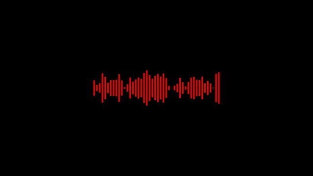 Red audio waveform visualization displayed as a series of vertical lines of varying heights against a completely black background, representing sound or music