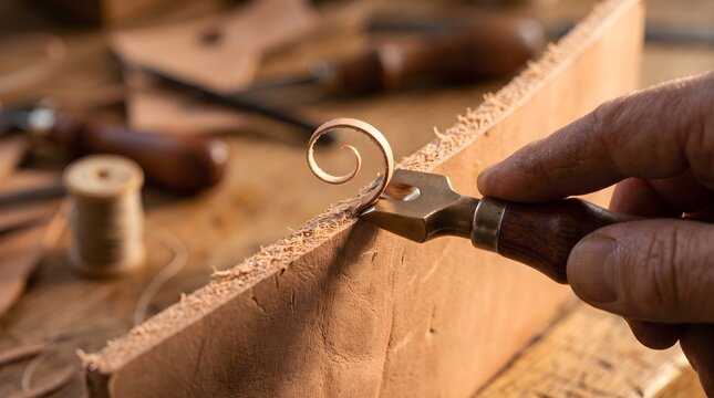 Craftsman leather beveling with hand tool, artisan working on genuine brown leather edge in workshop
