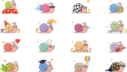 Fototapeta premium Cute Cartoon Snail Character Emotion and Hobby Set Featuring Reading, Skateboard, Chef, Superhero, Graduate, and Musician Garden Animal Vectors for Kids Graphic Designs