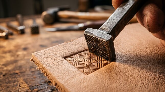 Artisanal leather crafting process, craftsman stamping geometric pattern on tan brown leather, traditional leathercraft tools on wooden workshop bench