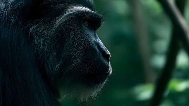 A close up profile of a dark furred monkey with detailed facial hair  gazing thoughtfully in a lush green forest setting