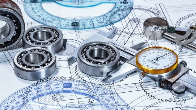 Industrial engineering blueprints with mechanical bearings and precision tools motion clip.