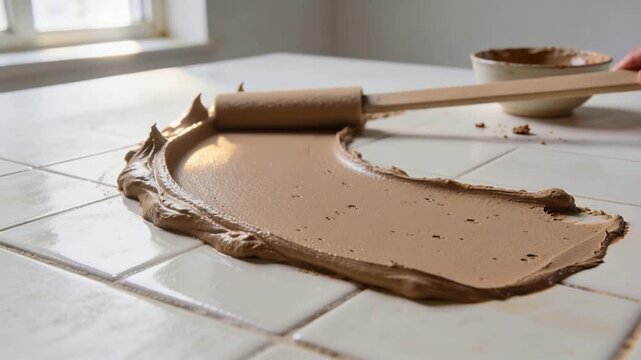 Rolling foam roller entering right pressing brown paste, smoothing into even layer on tile counter