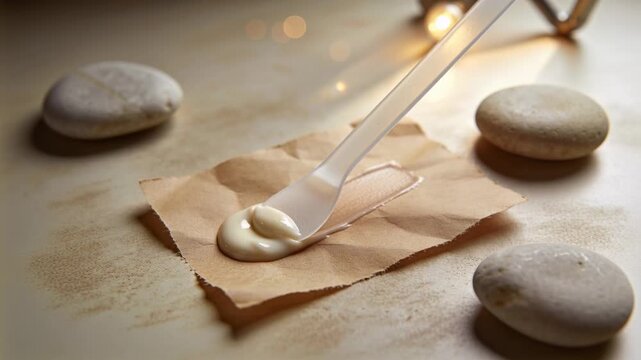 Scooping plastic spatula entering upper-right, lifting glossy beige cream on kraft paper for demo