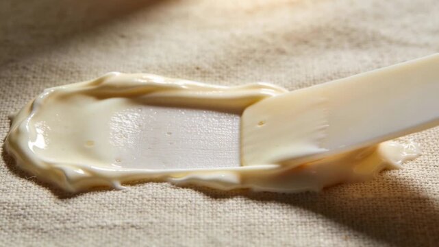 Smoothing white spatula entering from right touching beige cream on woven cloth, forming flat patch