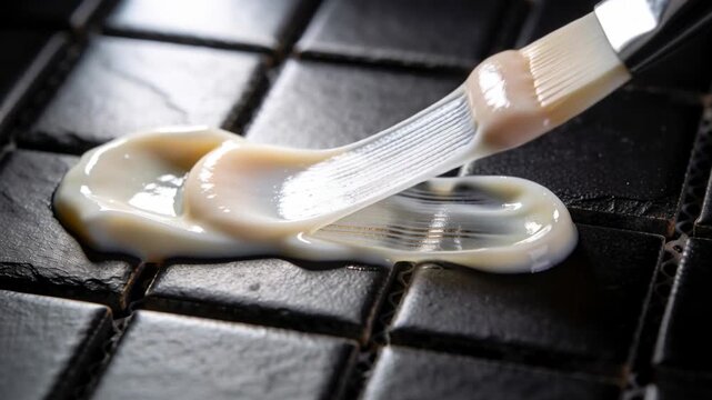 Spreading bristle brush entering right pushing cream across black tiles filling grout