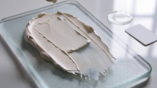Pouring cream hand knit-sleeve spreading swatch on frosted plate on table with white tool for demo