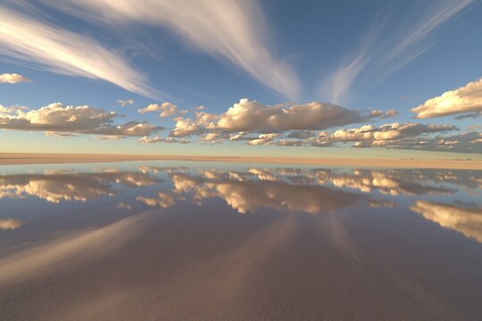 Reflective landscape with clouds and sky