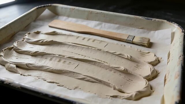 Camera shifting, tray showing five paste ridges on kitchen counter, brush resting, showing texture