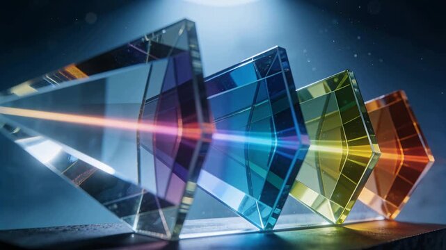 Cutting thin color beam sending four faceted prisms refracting on dark platform