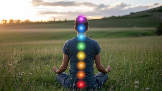 Person sitting in meditation pose with colorful glowing chakra points in a green field