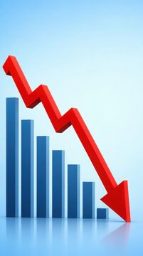 A 3D bar chart with blue bars shows a downward trend highlighted by a prominent red arrow pointing sharply downwards.