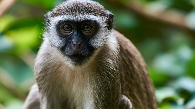 A close up of a monkey with dark face and brown fur  looking directly at the in a lush green forest setting