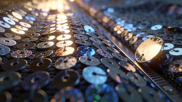 Sliding camera revealing domed stud on sequin fabric in studio, showing shimmer and rail