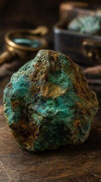 A close-up of a rough, greenish-blue mineral rock on a wooden surface with blurred antique objects in the background.