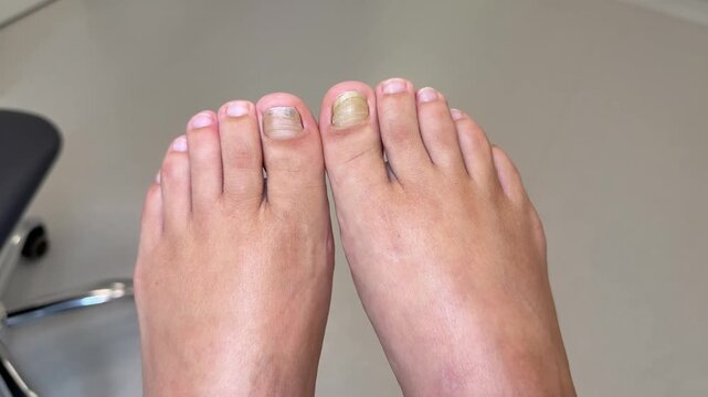 Close up of toenails before pedicure treatment, foot care and podiatry concept