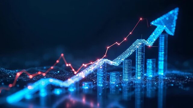 Rising arrow graph digital growth concept with blue glowing chart and upward trend showcasing futuristic data visualization and digital progress in business technology sectors.
