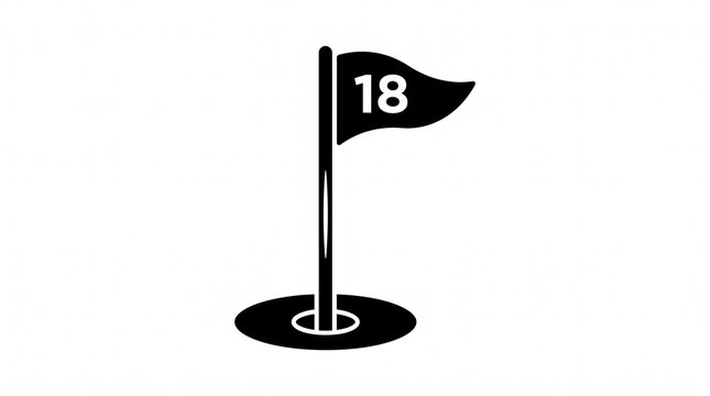 Minimalist black silhouette icon of a golf hole with a flagstick and a waving pennant flag showing the number 18, set in an oval cup on a clean white background, flat vector style, high contrast, simp
