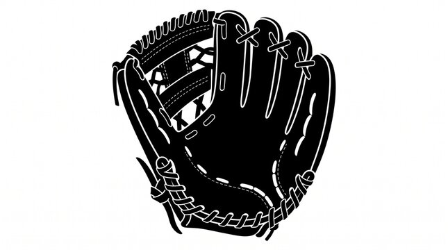 Black and white vector silhouette of a baseball glove with white stitching details, laced web pattern, and clean bold outlines on a plain white background.