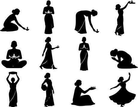 Indian woman Diwali ritual silhouettes vector icon set. Featuring women in saree lighting diya lamps, holding puja thali, praying with namaste, meditating, carrying clay pot and graceful festival pose