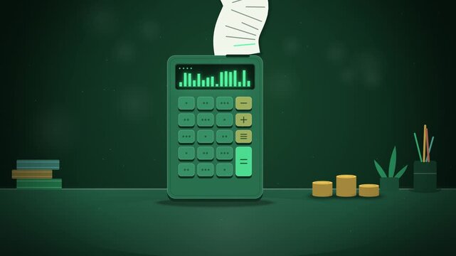 Green calculator with a bar display and receipt tape on a desk