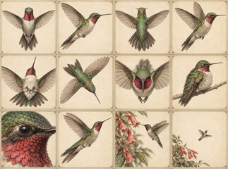 Fototapeta premium Vintage hummingbird specimen collection in antique natural history engraving style, twelve botanical archive plates on warm ivory paper, detailed scientific illustration for museum decor 