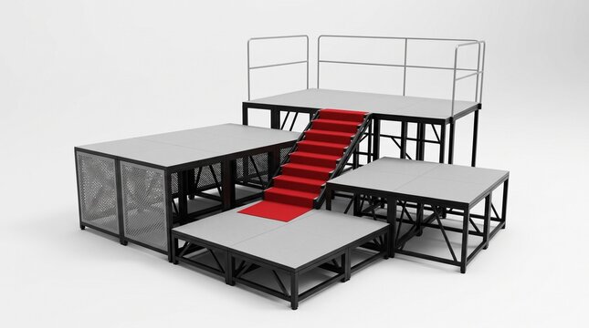 3D render of a modular multi-level stage platform with black steel frames, gray panel decks, a central staircase covered in red carpet, and a railed upper platform, on a clean white studio background 